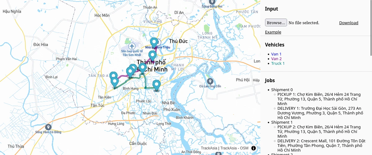 Example solving Vehicle Routing Problem (VRP) using MapVina GL API.